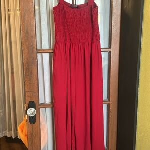 Smocked Red Jumpsuit - Casual Wide-Leg Romper